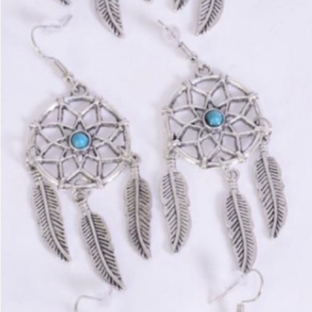 Southwest Silver Turquoise Blue Dream Catcher Earrings Feather Tassel Dangle NEW